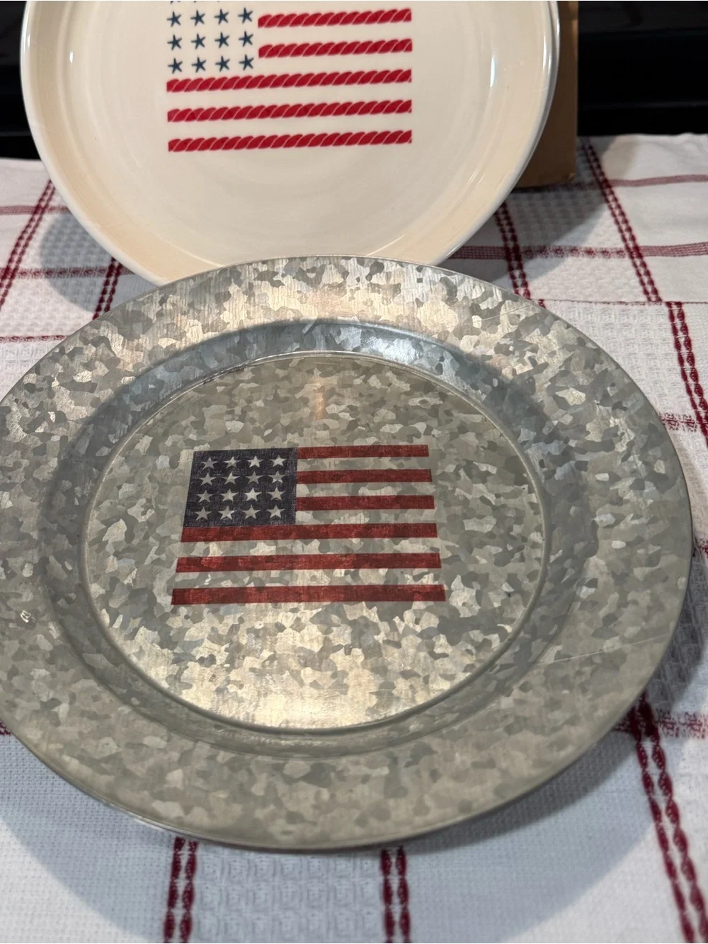 New Pottery Barn Galvanized American Flag Indoor/Outdoor Salad Plates, S/4